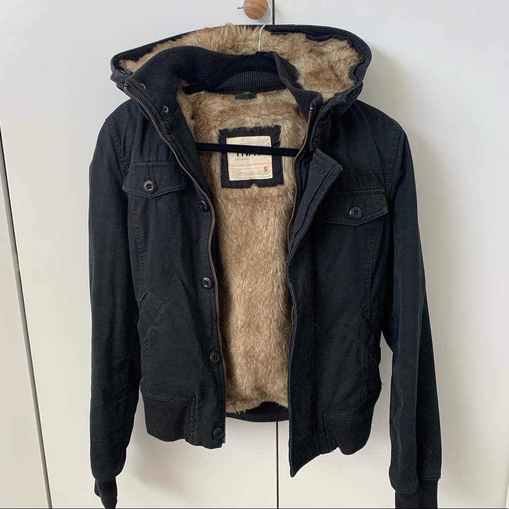 TNA MAVERICK BROWN FUR BOMBER JACKET BLACK - SMALL